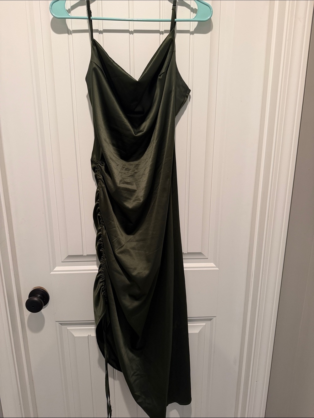 Olive Satin Cowl Midi Dress with Side Ruched Detail